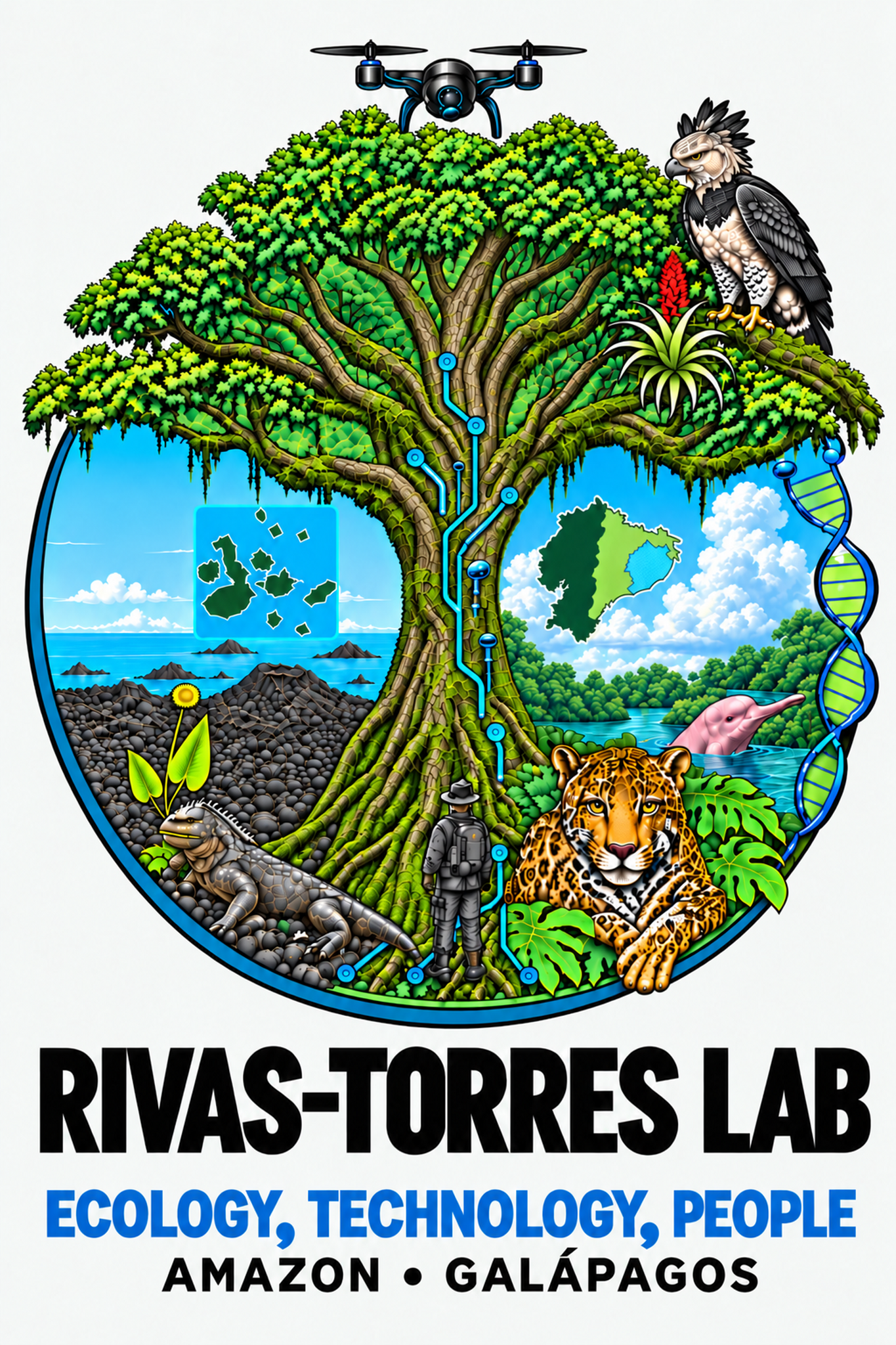 Full-color Rivas-Torres Lab logo — Ecology, Technology, People — Amazonia and Galápagos